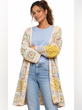 POL Crochet Patchwork Long Cardigan - Blue, Yellow, Cream
